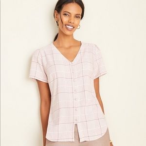 Ann Taylor M Plaid Covered Button Puff Sleeve Top